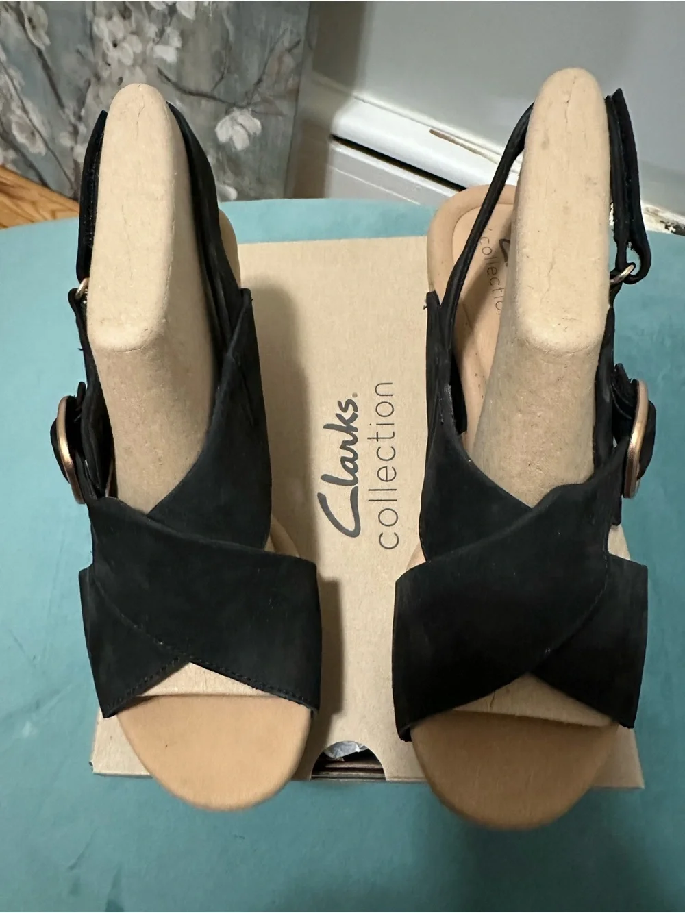 Clarks Black Suede Crisscross Wedge Sandals